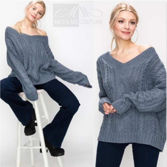 MODA ME COUTURE Sweaters - EMILIA Dusty Blue Cable Knit Sweater